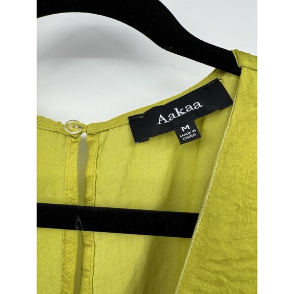 Aakaa Chartreuse Satin Draped Midi Dress Sz M Green V-Neck Ruched Cocktail Chic - Picture 2 of 13